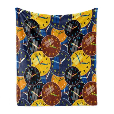 Clock Soft Flannel Fleece Throw Blanket, Pattern Faces on It Vintage Style Inspired Illustration Design, Cozy Plush for Indoor and Outdoor Use, 50" x 60", Yellow and Black, by Ambesonne