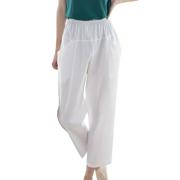 Babysbule Women's Solid Color Pants Loose Casual Double Pocket Capris Trousers