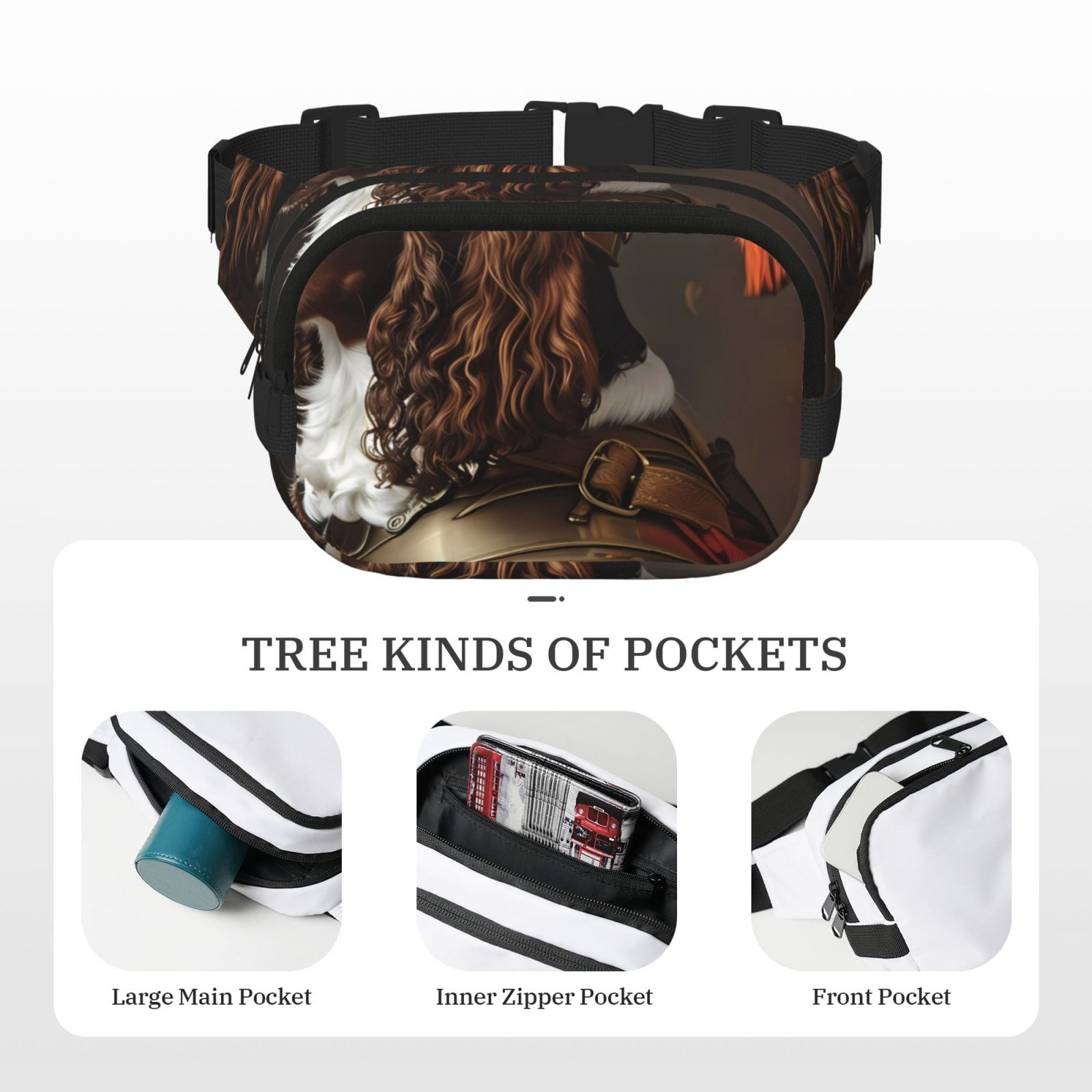 Picia Medieval Knight Dog Print Square Double-Layer Waist Bag Mini Adjustable Waist Belt Bag Exercise Running Travel Hiking