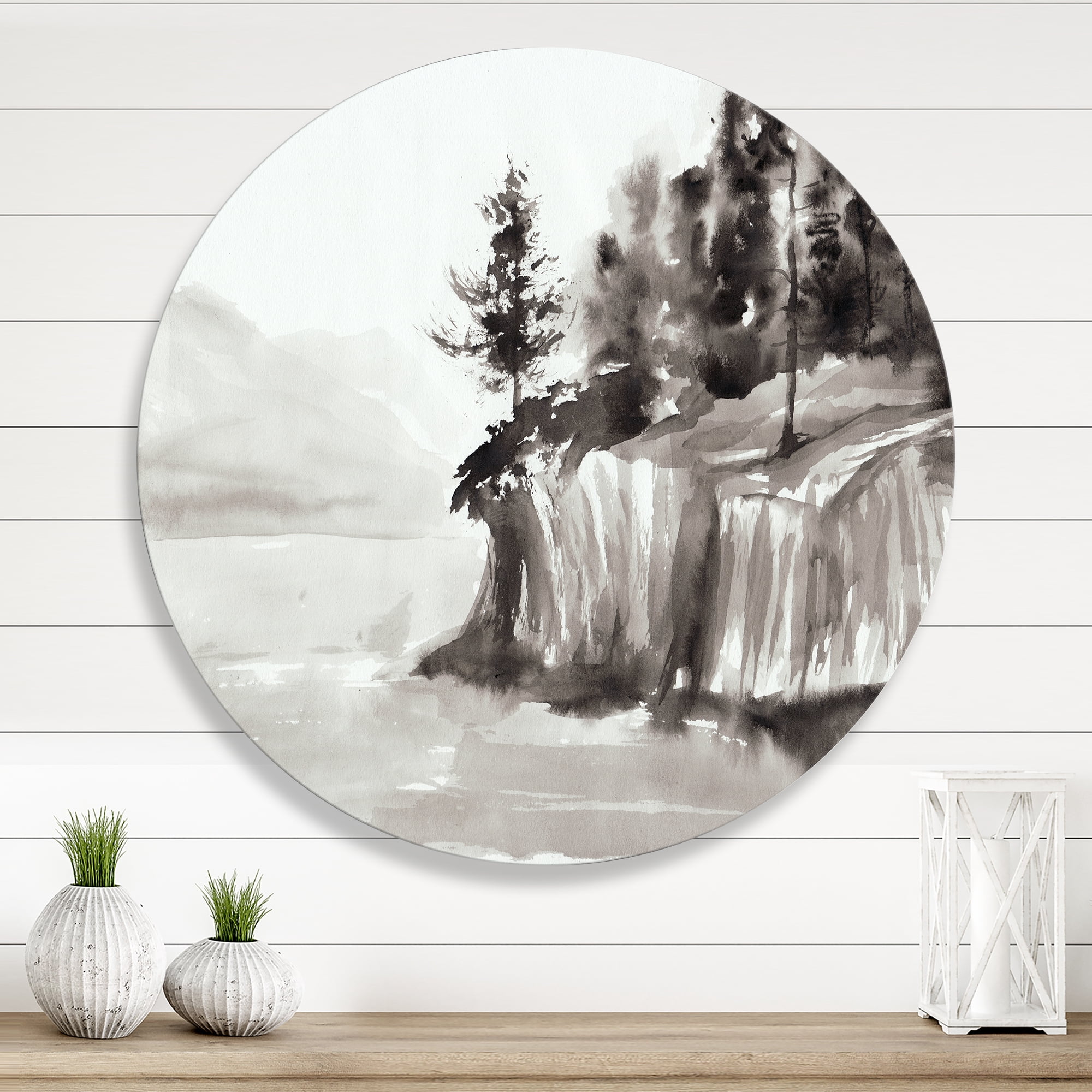 Black & White Cliffs By The Lake 11 in x 11 in Painting Art Prints, by Designart