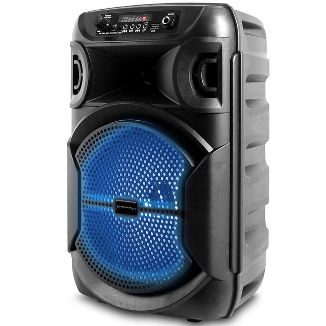 Technical Pro Altavoz Bluetooth portátil de 8 pulgadas, 800 vatios, con woofer y tweeter, altavoz LED PA para festivales con tarjeta Bluetooth/USB, estéreo inalámbrico verdadero, alcance Bluetooth de