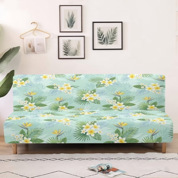 SCRAWLGOD Monstera Palm Leaf Print Armless Sofa Cover for Pets Plumeria Print Stretch Futon Slipcover 3 Seater Washable Couch Cover with Elastic Bottom