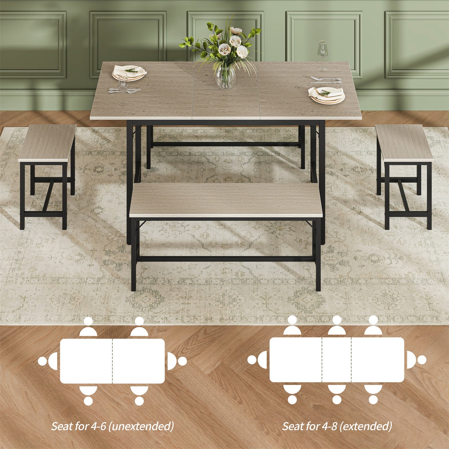 Hommoo 63" Expandable Dining Table Set for 4-8 People, Modern Extendable Kitchen Table with 2 Benches & 2 Stools, Wood Top & Metal Frame, Easy Assembly, Grey