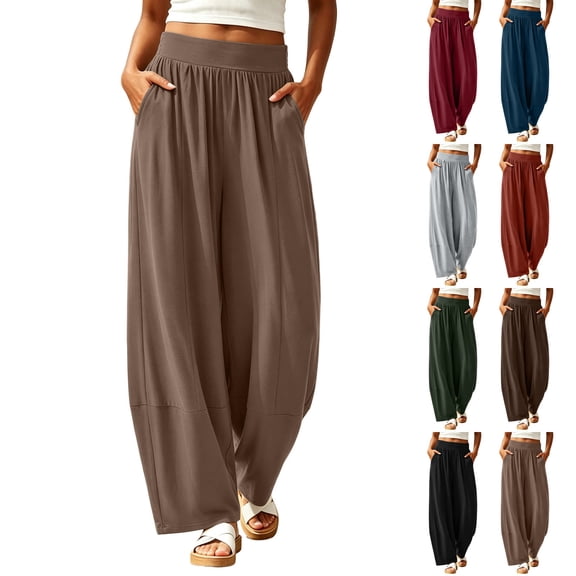 YABCSAZ Women's Barrel Pants Solid Color Wide Leg Pants Elastic Waist Pants Casual Pants with Pockets for Summer Travel Loose Baggy Trousers, Gifts for Women