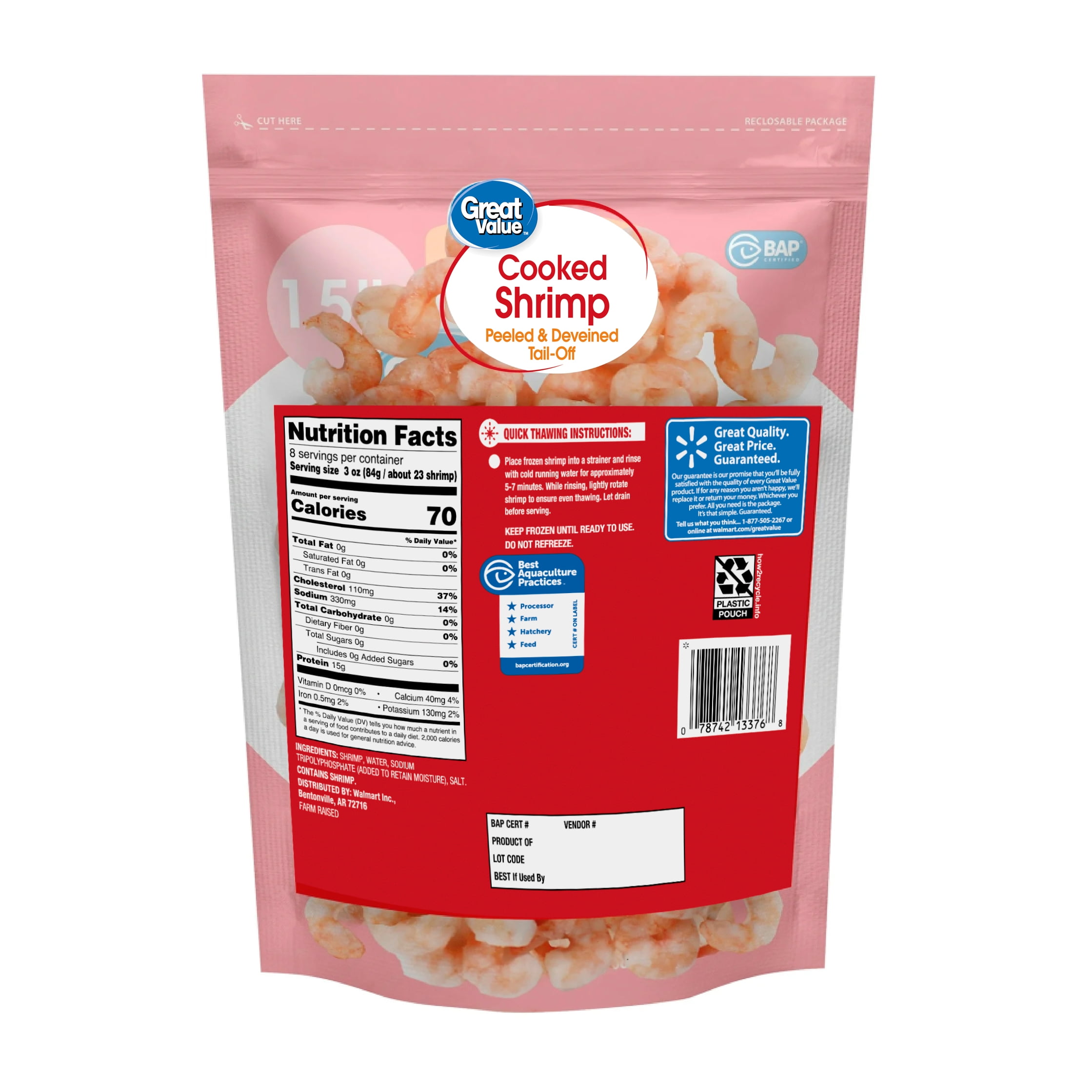 Great Value Frozen Cooked Extra Small Peeled & Deveined, Shrimp Value Bag, 24 oz (100-150 Count per lb)