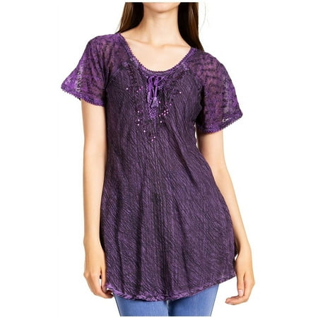 Sakkas Donna Women s Casual Lace Short Sleeve Tie Dye Corset Loose Top Blouse - 19203-Purple - Plus Size