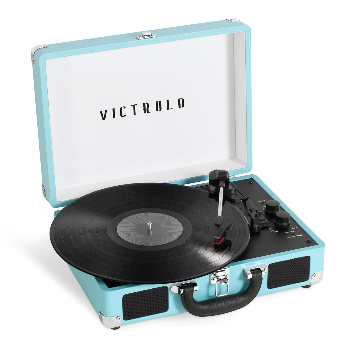 Light Beige Linen Victrola Bluetooth Suitcase Record Player with 3-Speed Turntable
