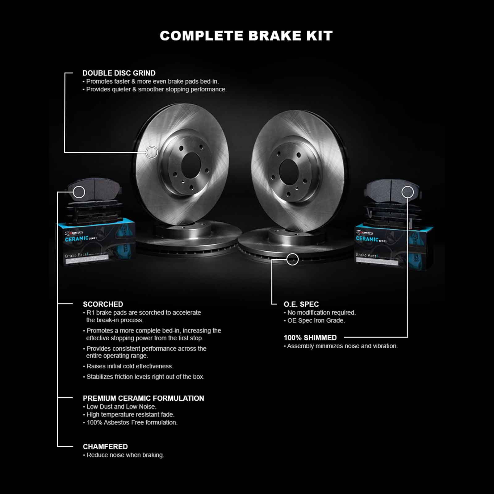 R1 Concepts Front Rear Brakes and Rotors Kit |Front Rear Brake Pads| Brake Rotors and Pads| Ceramic Brake Pads and Rotors WFWN2-67058