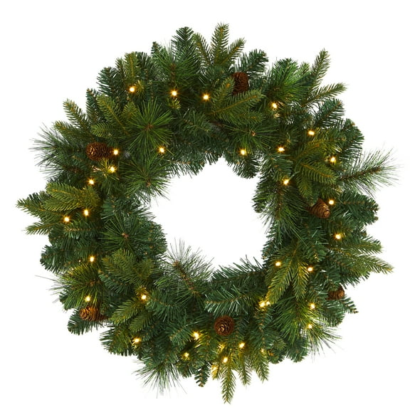 Nearly Natural 24" Mixed Pine  Christmas Wreath with 35 Clear LED Lights