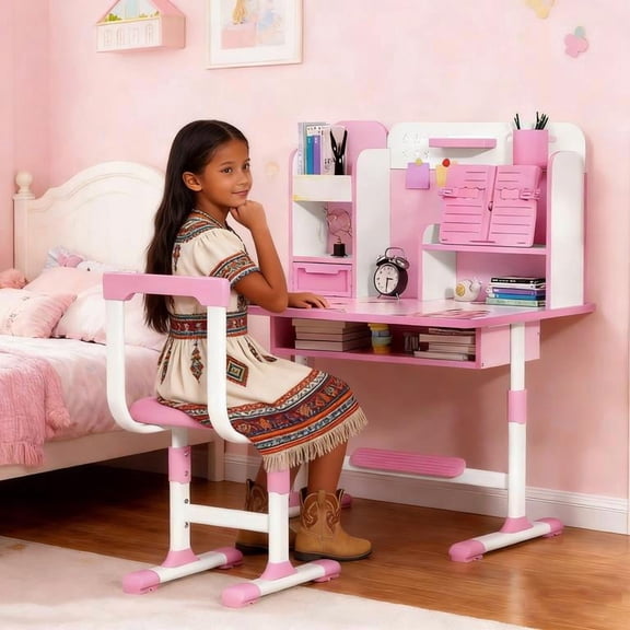 YNCE Kids Desk and Chair Set,Teenager Study Table and Chair Set Ergonomic Child Student Desk Height Adjustable Children School Desk with Storage Drawer Book Stand Sitting Posture Corrector