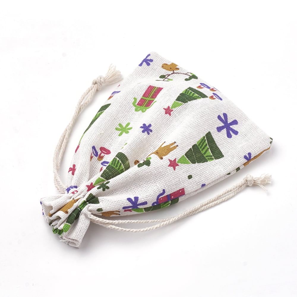 Polycotton(Polyester Cotton) Packing Pouches Drawstring Bags with Printed Box and Christmas Tree Colorful 18x13cm