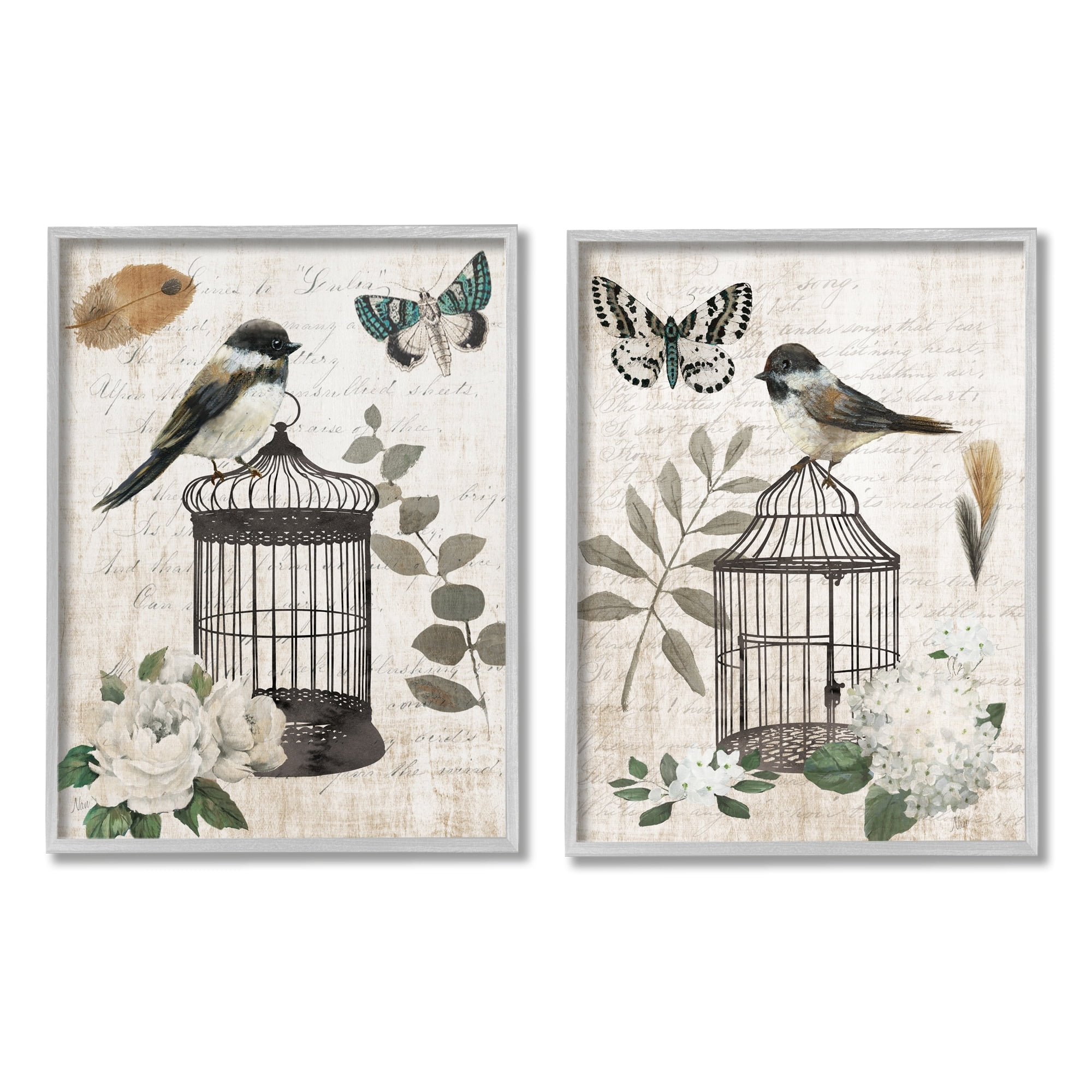 Stupell Industries Vintage Perched Bird Cage Butterfly Timeless Cursive Graphic Art Gray Framed Art Print Wall Art, Set of 2, Design by Nan