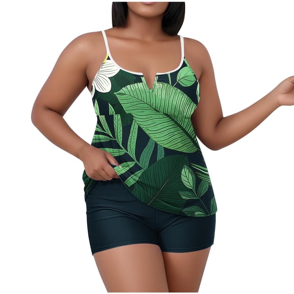 Nfurl Plus Size Tankini Swimsuits for Women Trendy Tropical Print 2 Piece Tankini Bathing Suits Tummy Control Swimsuits with Shorts Summer Swimwear Army Green,Size XXL