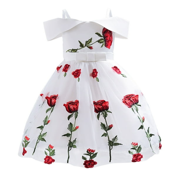 Vestido de niña, vestido de princesa con hombros descubiertos para niña, vestido de malla con bordado de rosas para niña