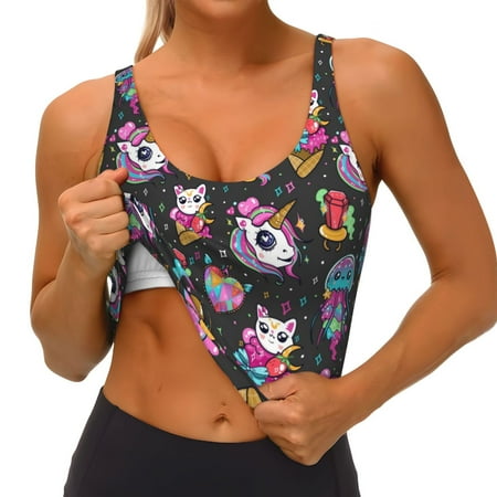 Qokaie Rainbow Unicorn And Cat Icecream Pattern Womens Scoop Neck Sports Bra Breathable Workout Vest Padded U Back Medium Impact Fitness Gym Yoga Bra Workout Crop Top