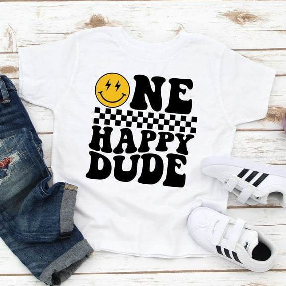 Baby Bodysuit BELLA CANVAS One Happy Dude Birthday Shirt, Boy First Birthday Tshirt, Happy Face 1St Birthday Tee, Retro First Birthday Onesie Smiley Birthday Boy Gift