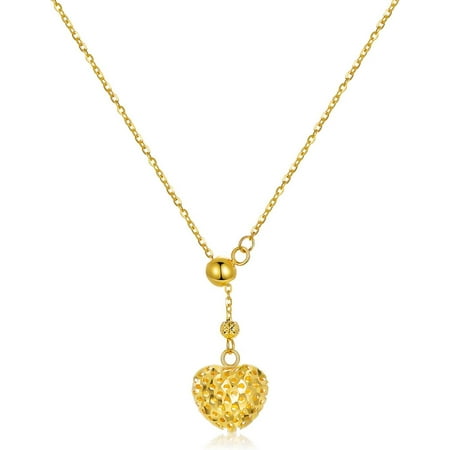 18K Real Gold Heart Necklace with Free Sliding Adjustable Bead, Yellow Gold Y-chain Hollowed-Out Heart Necklace Christmas Birthday Love Jewelry Gift for Women, Wife, Mom 18”