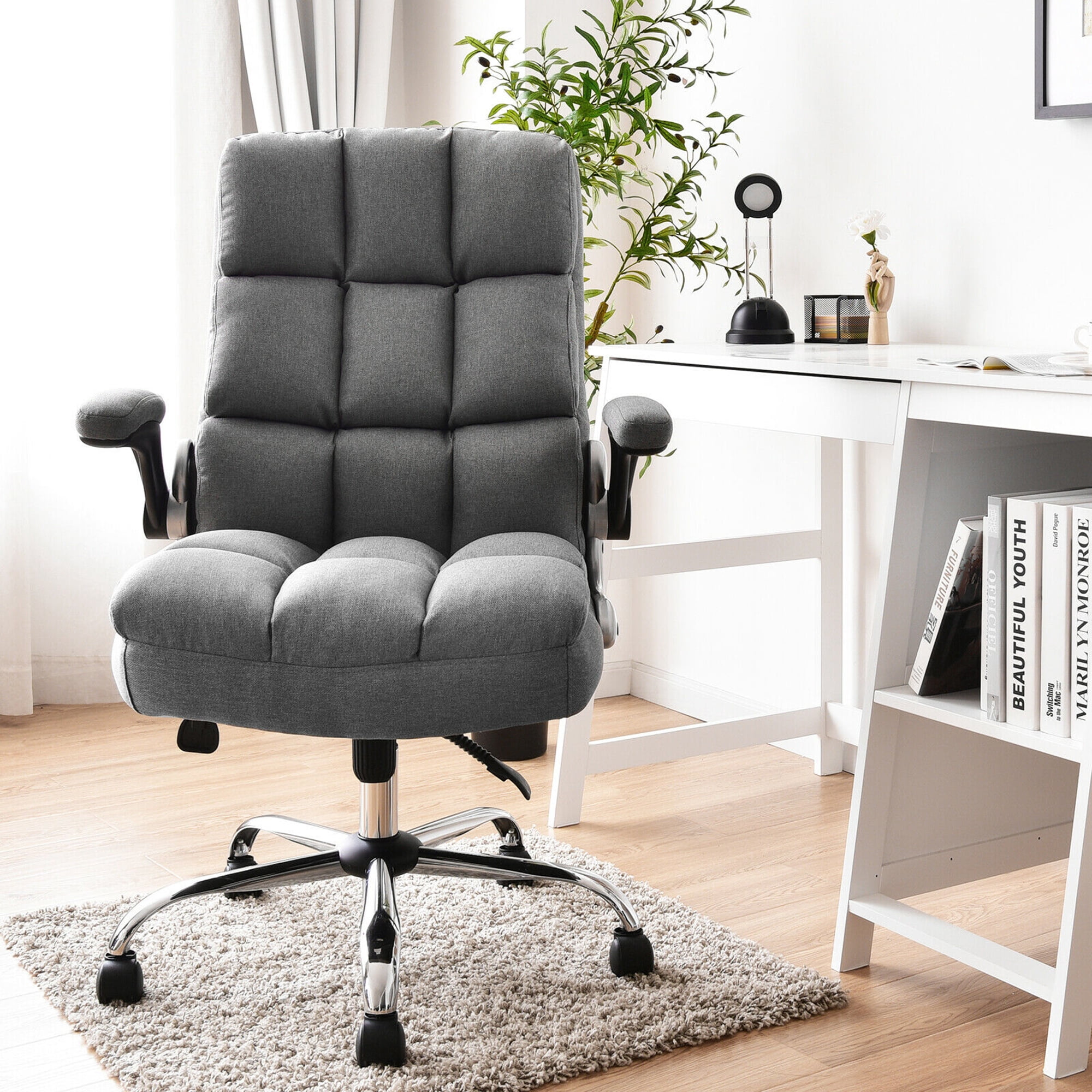 Gymax High Back Big & Tall Office Chair Adjustable Swivel w/Flip-up Arm Grey