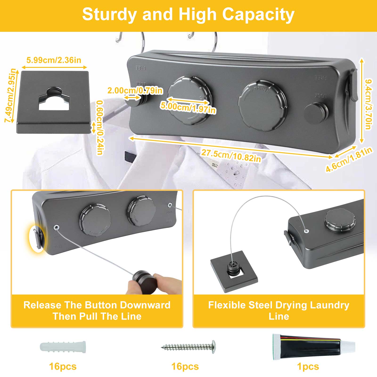 2-Line Heavy Duty Retractable Clothesline Walls Stainless Steel Clothes Drying Laundry for Outdoor Indoor, Hanging Clothes Line 16.7Ft Steel Wire (Gray)