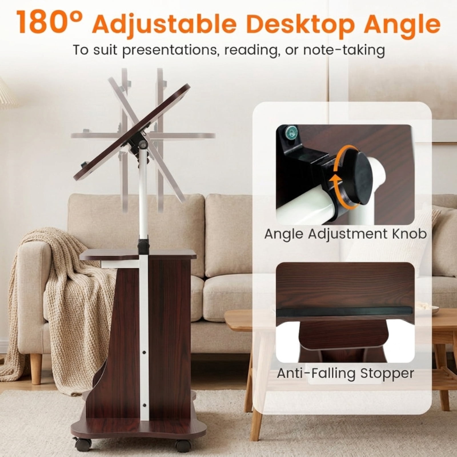 Furnibear Adjustable Mobile Standing Desk Cart with Tilting Desktop Cabinet and Locking Casters for Home Office and School, Brown