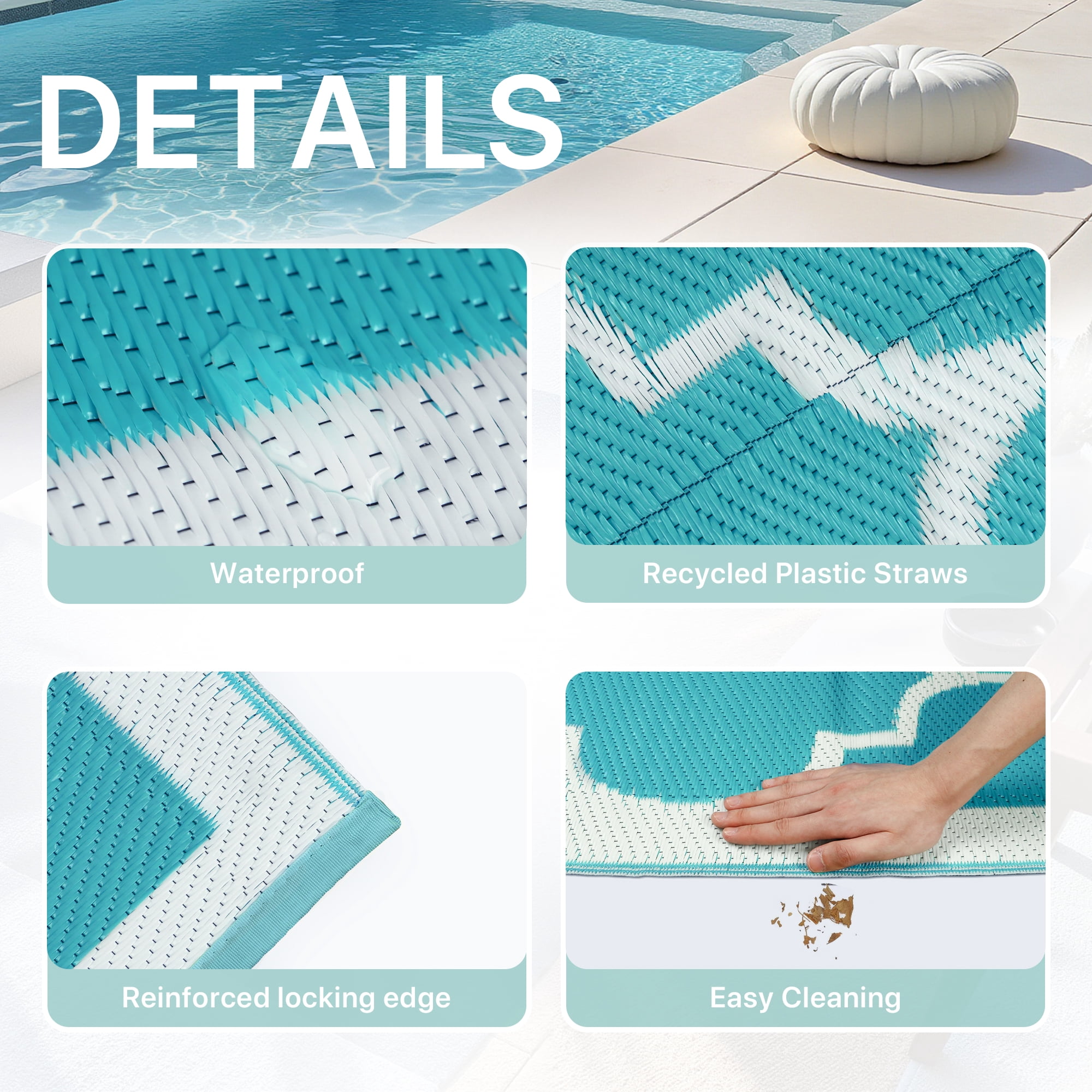 DEORAB Outdoor Rugs Waterproof Plastic Straw Mat 6'x9' Reversible for RV Patio Deck Beach Aqua Blue & White