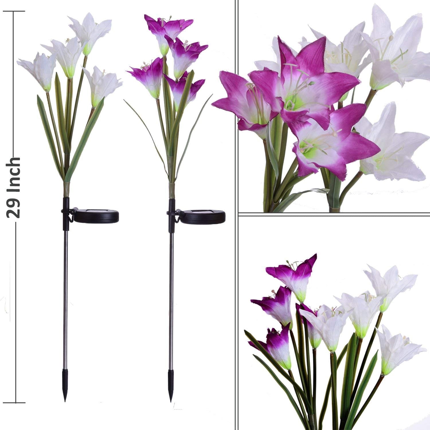 Outdoor Solar Garden Stake Lights - 2 Pack Solar Powered Lights with 8 Lily Flower, Multi-color Changing LED Solar Decorative Lights for Garden, Patio, Backyard (Purple and White)