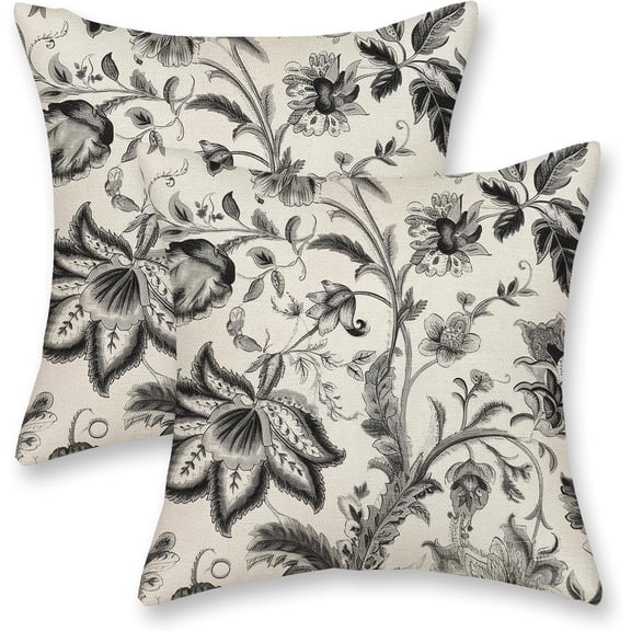 Chinoiserie Pillow Covers 18x18 Inch 2 Pcs Black Grey Spring Floral Decor Throw Pillows Vintage Flower Retro Seasonal Outdoor Indoor Decoration Pillowcase Linen Cushion Cover for Couch Sofa Bed