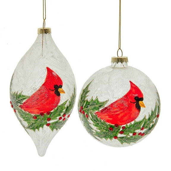 CARDINAL Ball & Finial Glass Christmas Ornaments, Set of 2, by Kurt Adler