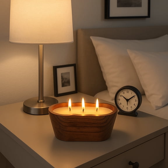 Oval Wood Bowl with Vanilla Scented Candle for Men or Women - Decorative Small Accent for Indoor and Outdoor Areas - Small Pillar or Votive Candle for Living Room, Bedroom, or Bathroom - 4", Brown