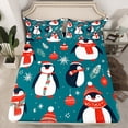 thumbnail image 2 of Manfei Cartoon Penguin Bed Sheets,Happy New Year King Sheets,Cyan White Red Sheet Set For Boys Girls,Luxury Bedroom Decor,4pcs, 2 of 7