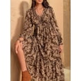 thumbnail image 6 of Females Boho Floral Long Sleeve Maxi Dress V Neck Waist Fall Wedding Guest Dresses with Pockets Dark Brown XL, 6 of 9