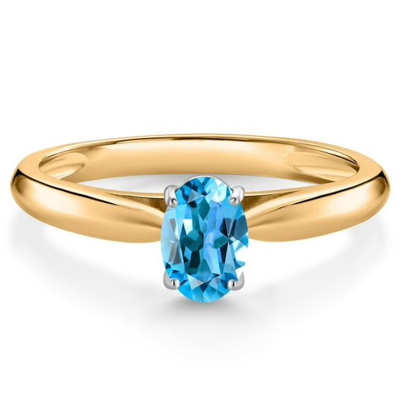 Gem Stone King 0.55 Ct Oval Swiss Blue Topaz 10K Yellow and White Gold Solitaire Engagement Ring (Size 9)