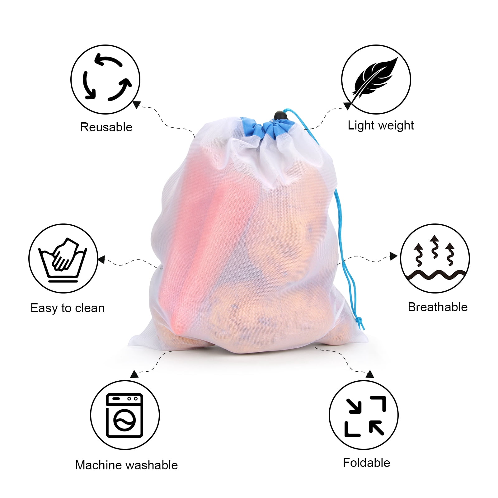 VacYaYa 20Pcs Reusable Washable Food Storage Organization Mesh Produce Ziploc Bags ,8S,6M,6L