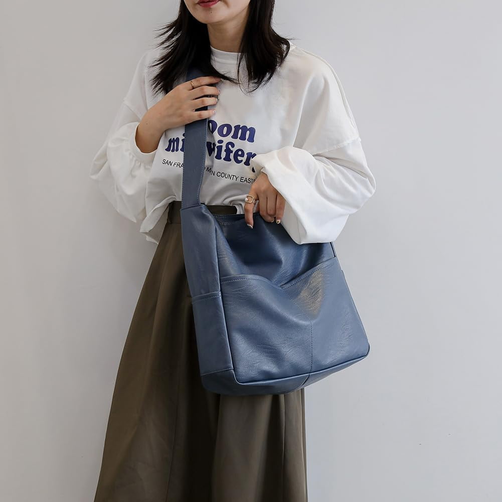 Kukuzhu Faux Leather Tote Bag with Pockets Women Shoulder Bag College Tote Bag Hobo Crossbody Bag for Work Travel