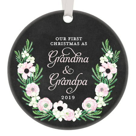 Our First Christmas as Grandma & Grandpa 2019, 1st Xmas New Grandparents Gifts, The Best Grandmother Grandfather Present Pink Blooms 3
