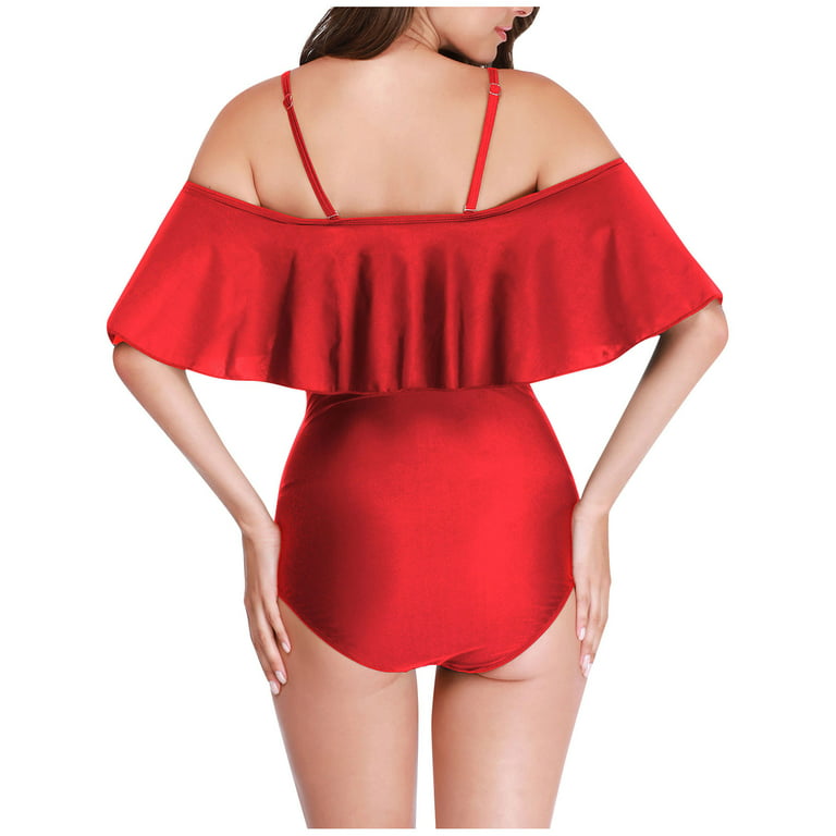 Foraging dimple Plus Size Ladies Women Maternity Swimsuit Pregnancy Swimwear  Ruffle Beachwear Swimming Bathing Suit Red 