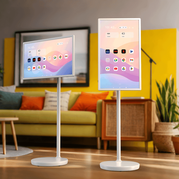 32" Portable Touch Screen Tablet TV, Dual 8W Built-in Loud Speakers, 6GB RAM   128GB Storage, 1080P Full HD Wireless Monitor, Interactive Digital Display Monitor on Wheels, Bluetooth Remote Control
