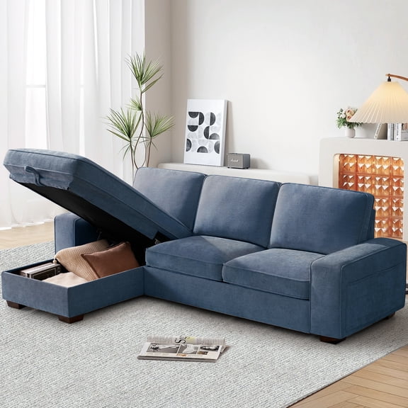 INGALIK 100" Sectional Sofa with Storage Chaise, Oversized L-Shaped Couch, Large Modern Chenille Sofa 3 Seat with Removable Cushion Covers USB Type-C Ports for Living Room (Blue)