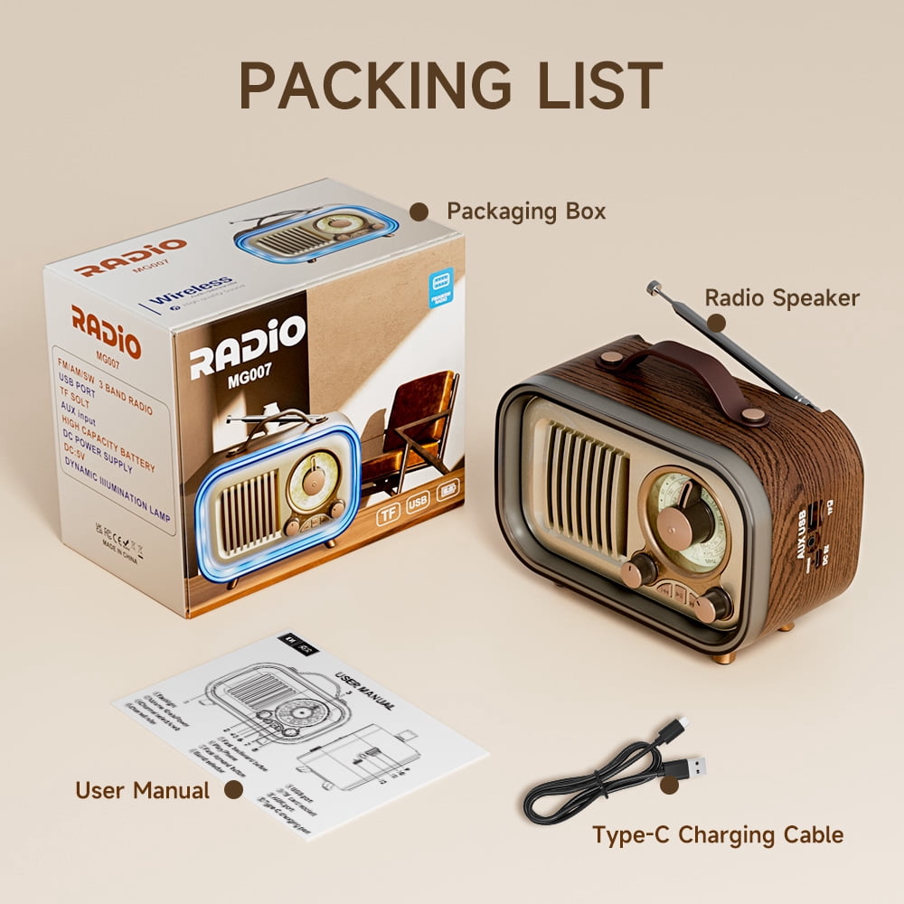 UMUTOO MG007 Vintage Retro Radio, Portable AM/FM/SW Radios with Bluetooth, USB/TF/AUX, 2000mAh Rechargeable Classic Wood Grain Design for Home, Outdoor Use