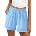 thumbnail image 3 of Pxxlle Linen Shorts for Women with Pockets Summer Casual Drawstring Elastic Waisted Short Pants for Beach Vacation Blue S, 3 of 7