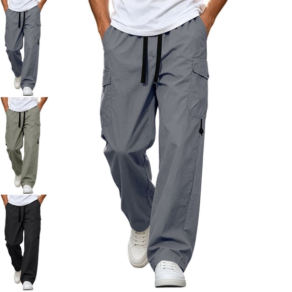 Danhjin Men's Cargo Pants Straight Leg Elastic Waist with Drawstring Work Casual Hiking Camping Pants Loose Solid Color Trousers with Pockets