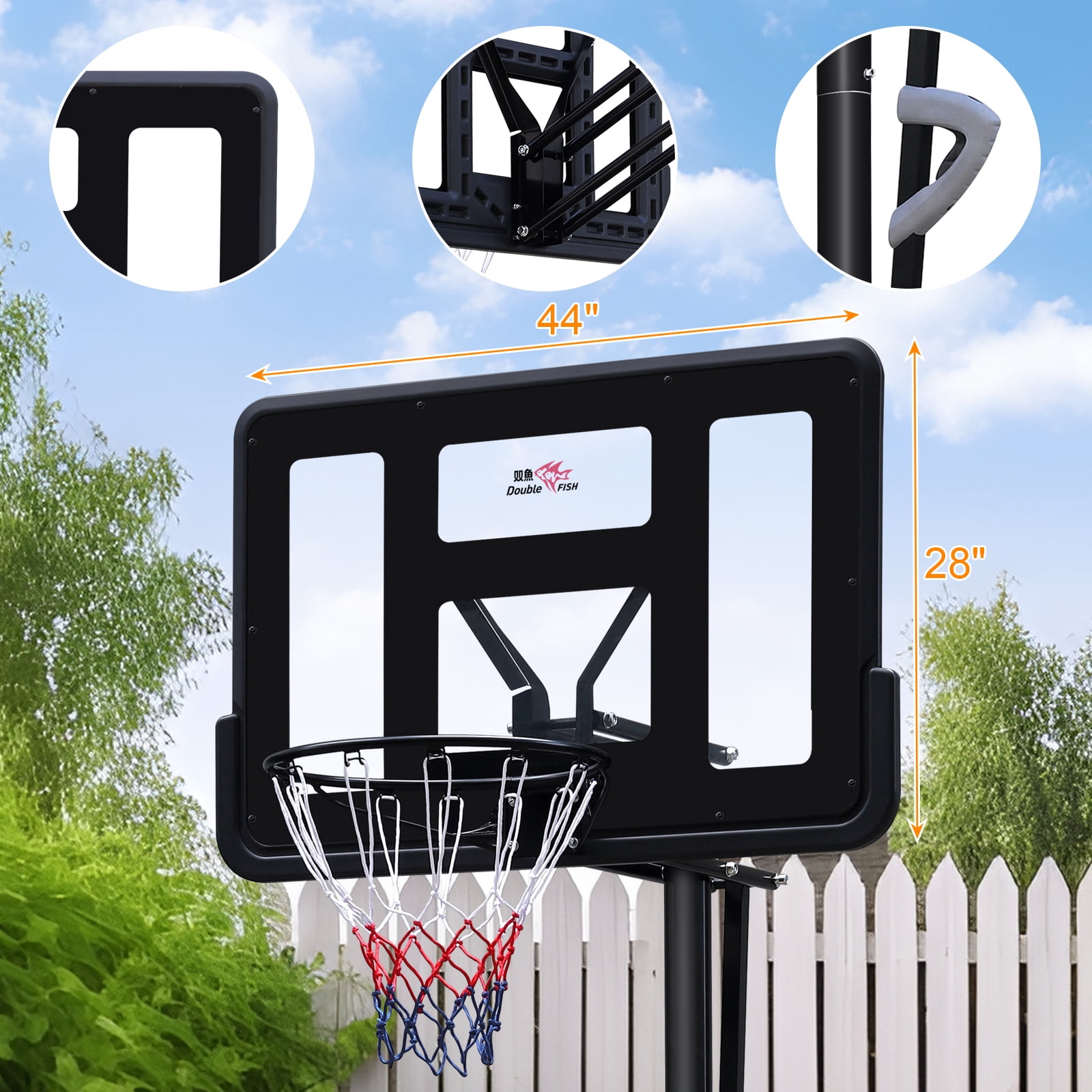 7.5-10ft Adjustable Height Outdoor Basketball Stand, Portable Basketball Stand, 44"shatter-proof Backboard, Fillable Base, 2 Portable Wheels, Suitable for Swimming Pool
