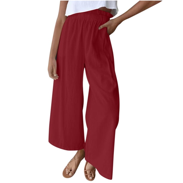 Pantalones largos de pierna ancha de algodón y lino para fregar, sueltos, de cintura alta, de Color sólido, informales, a la moda para mujer Fridja alkflakhf33205