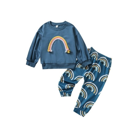 

Canrulo Newborn Infant Baby Girls Boys Clothes Rainbow Printed Long Sleeve Pullover Tops Pants Outfits Blue 12-18 Months