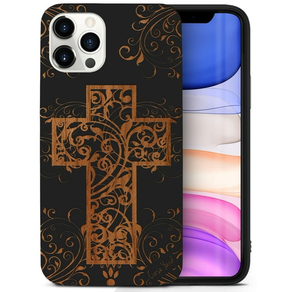 Case Yard Wooden Case for iPhone-12-Pro-Max Soft TPU Silicone cover Slim Fit Shockproof Wood Protective Phone Cover for Girls Boys Men and Women Supports Wireless Charging Cross Floral Design