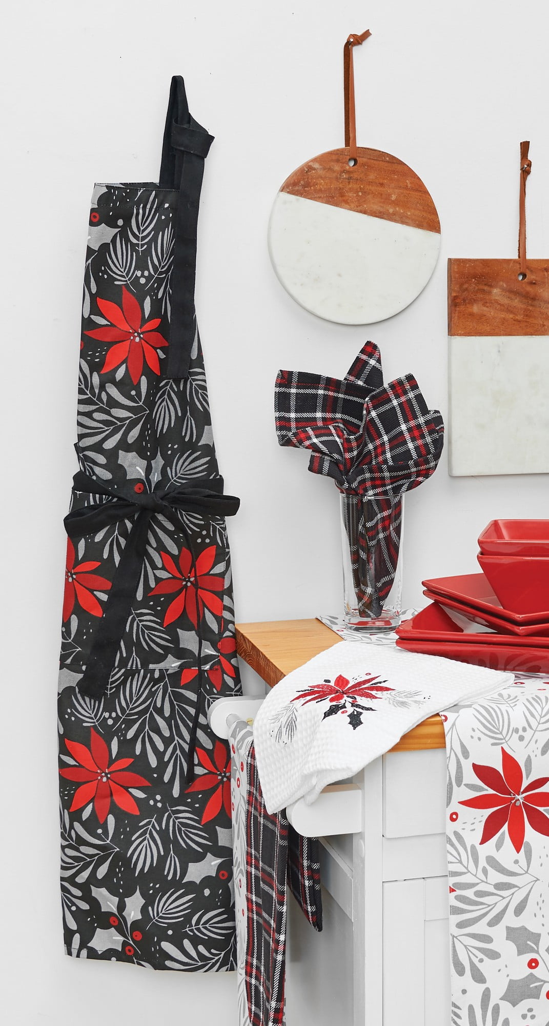 Black and Red Poinsettia Christmas Cotton Cooking Apron, One Size Fits Most