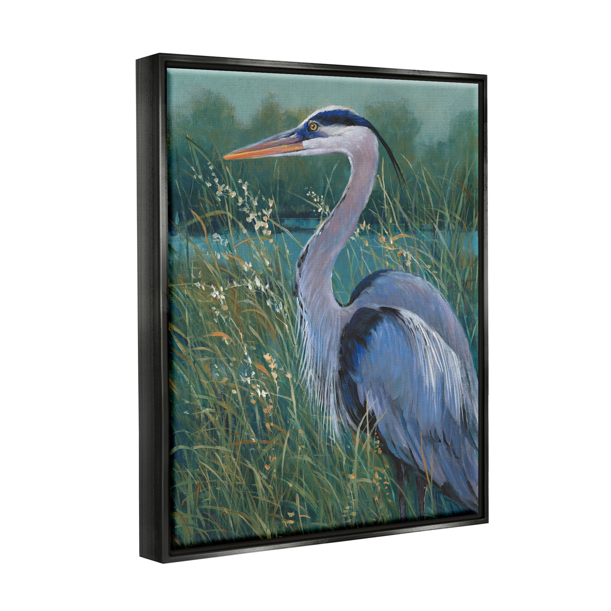Stupell Industries Heron at Lake Painting Animals & Insects Painting Black Floater Framed Canvas Art Print Wall Art, 17 x 21
