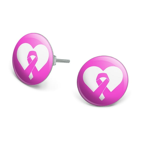 Breast Cancer Awareness Pink Ribbon in Heart Novelty Silver Plated Stud Earrings