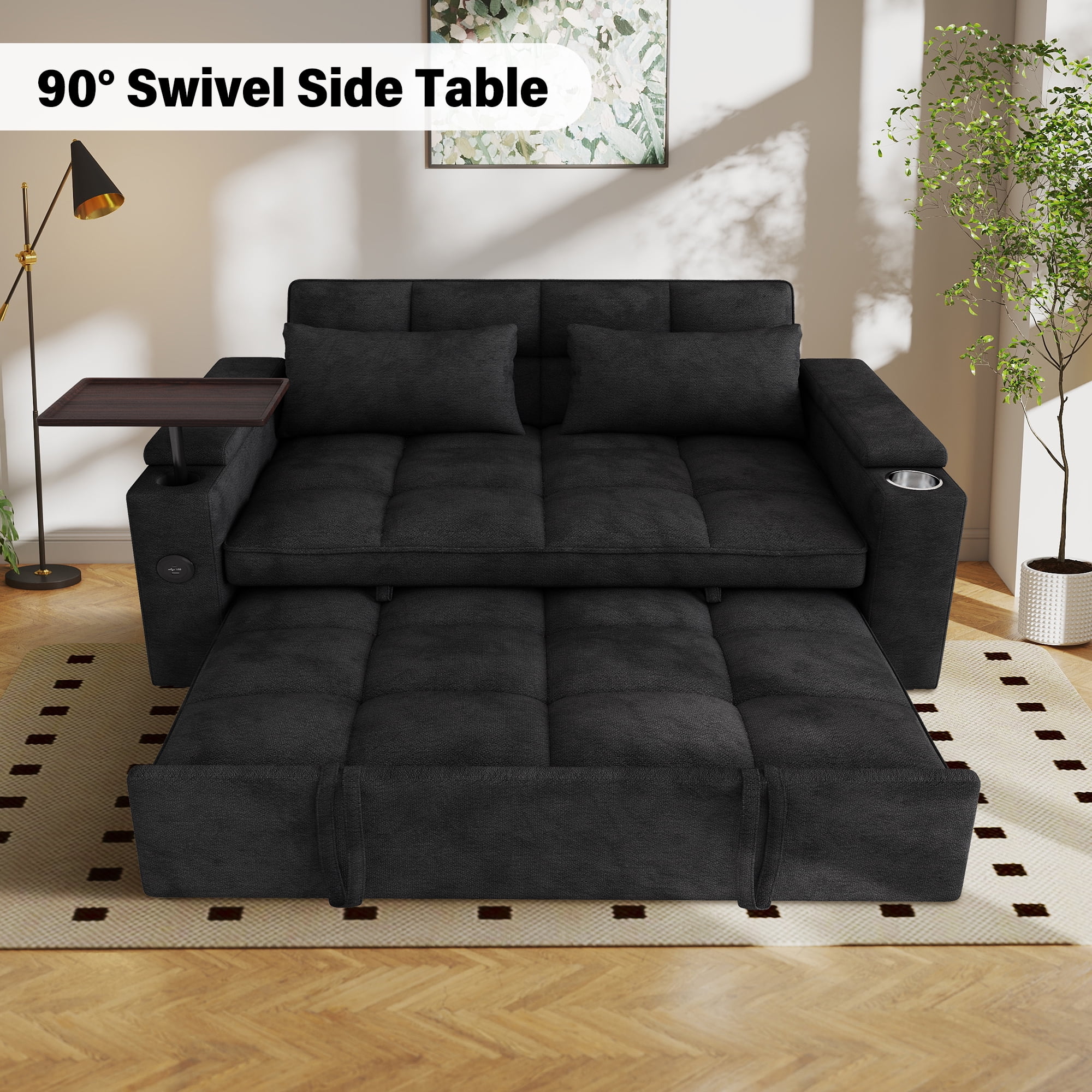 Aukfa 65"W Convertible 3-in-1 Sofa Bed with Storage, Queen Chenille Sleeper Couch with USB/Type-C Ports & Rotating Side Table,Black