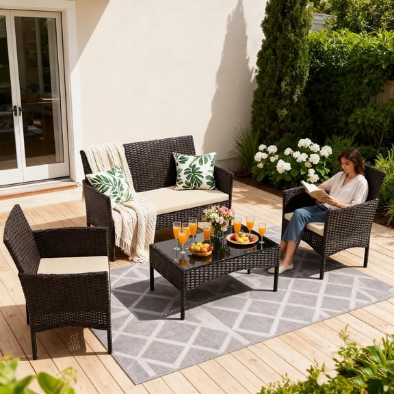 Gotland 4-Piece Outdoor Patio Furniture Set, Wicker Rattan Chairs & Sofa with Cushions and Glass Coffee Table, Conversation Set for Backyard, Lawn, Porch, Pool, Garden,Khaki